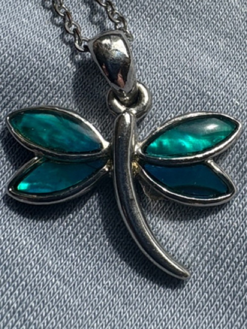 Silver Dragonfly Necklace with Teal-Green Inlay